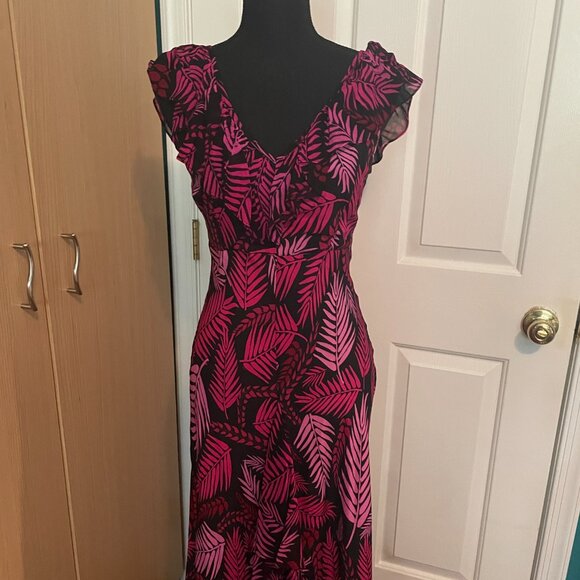RIXO Antoinette Pink Palm Print Frilly Sleeve 100% Silk Midi Dress (Size S/P) - Picture 4 of 16